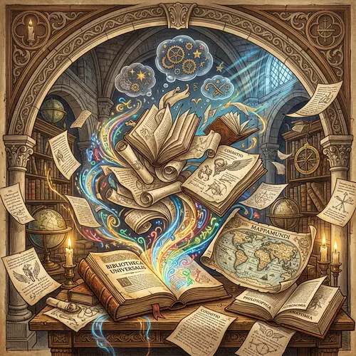 Artistic Exploration of Knowledge: Scrolls, Antique Books, and Maps