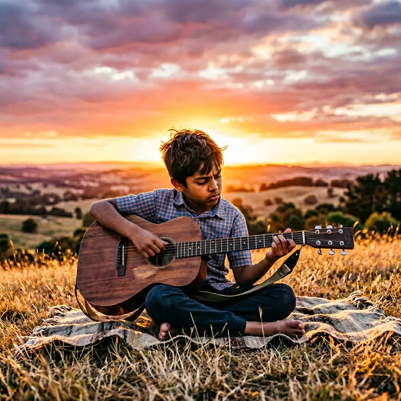 Enthusiastic Boy Playing Guitar at Sunset