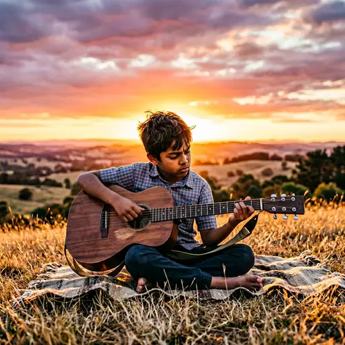 Young South Asian Boy Playing Guitar at Sunset
