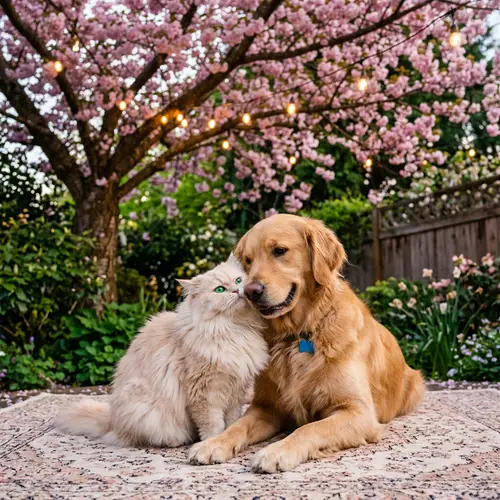 Fluffy Persian Cat and Golden Retriever Friendship