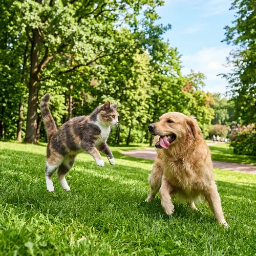 Playful Multicolored Cat and Golden Retriever Interaction in Vibrant Park