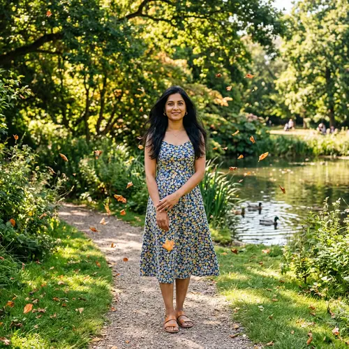 Tranquil Park Scene: South Asian Woman in Floral Sundress