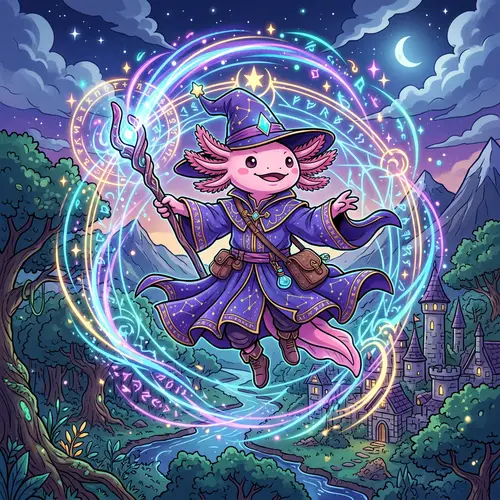 Cute Pink Axolotl Wizard Casting Epic Spell