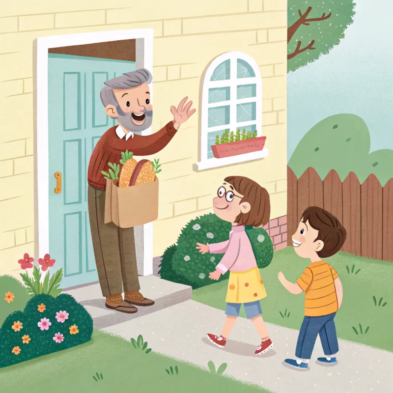 Warm Welcome: Grandpa and Kids with Bread