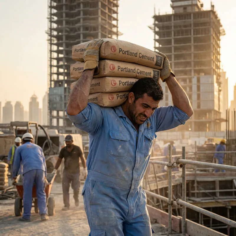 Strong Man Lifting Five Cement Sacks for Construction Site