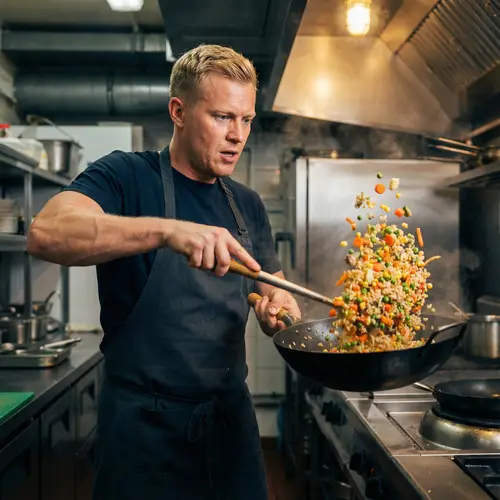 Expert Chef Sautéing Colorful Fried Rice with Vegetables