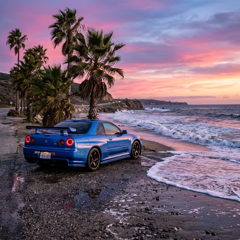 Nissan GTR 34 by the Seaside | Tranquil Evening Scene
