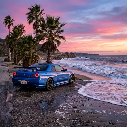 Nissan GTR 34 Seaside Scene | Tranquil Evening Setting