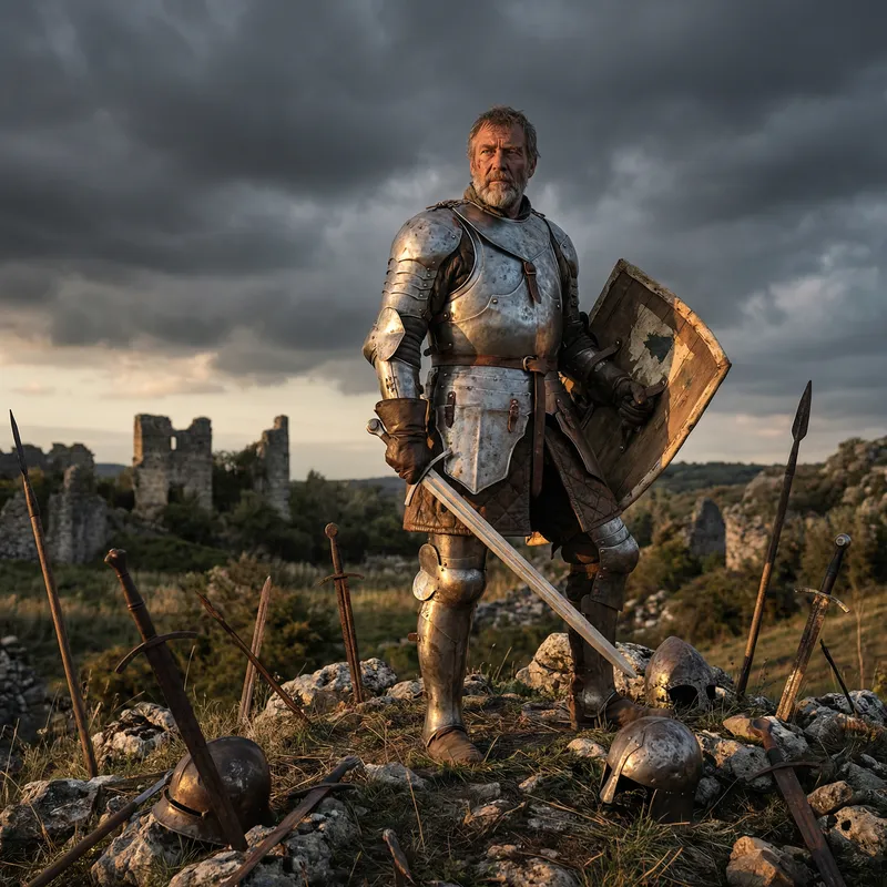 Armored Hispanic Warrior on Ancient Battleground with Broad Sword