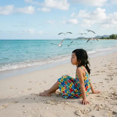 Tranquil Seaside Moment: East Asian Girl by Turquoise Sea