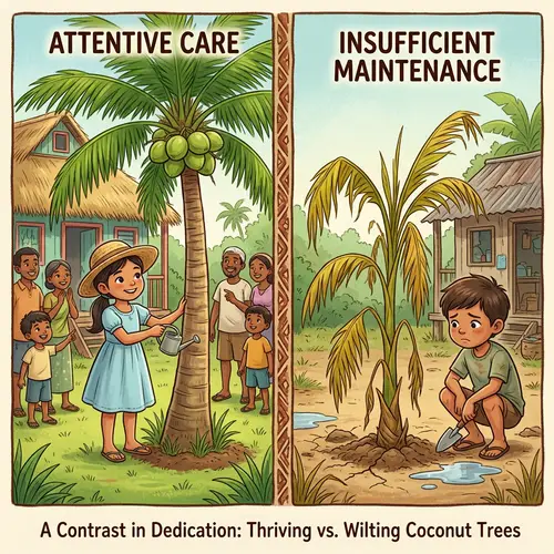 Young Girl Cultivating Coconut Trees Draws Crowds; Boy's Tree Wilts