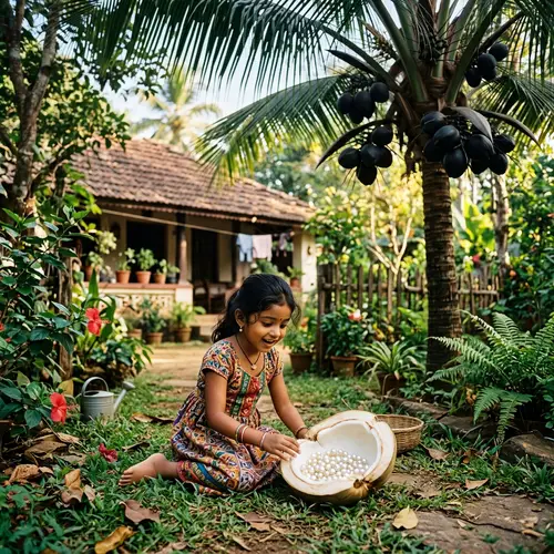 Unusual Tree with Black Coconuts and Pearls - Intriguing Backyard Scene