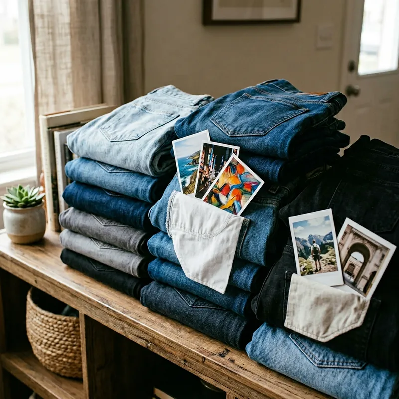 Folded Jeans with Photos in Pockets - Various Styles and Memories