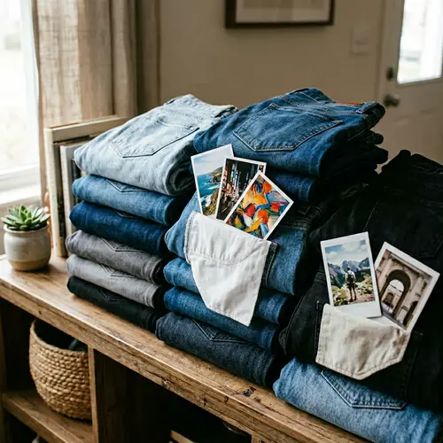 Folded Jeans with Photos in Pockets - Unique Styles and Memories