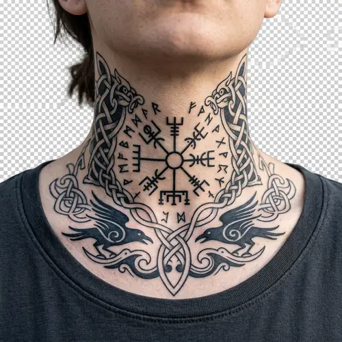 Detailed Nordic Neck Tattoo PNG - Traditional Scandinavian Art