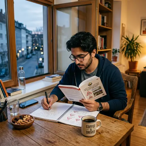 Focused Middle-Eastern Man Studying for Driver's License at Wooden Table