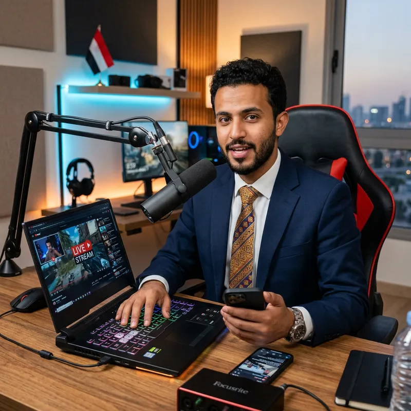 Young Yemeni Man in Formal Suit with Microphone at News Desk Young Yemeni Man in Formal Suit with Microphone at News Desk