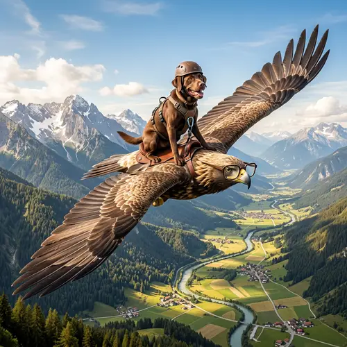 Brown Dog Flying with Bird in Mountains | Whimsical Scene