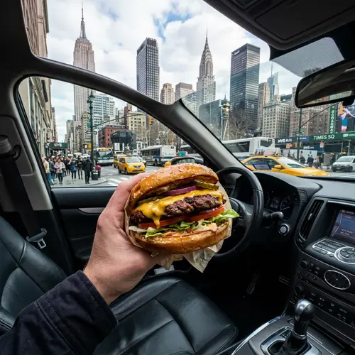 Delicious Cheeseburger in Car with New York City Skyline