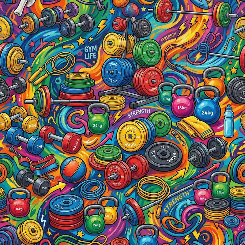 Colorful Gym Equipment Fabric Print - Vivid Dumbbells & Weight Plates Background