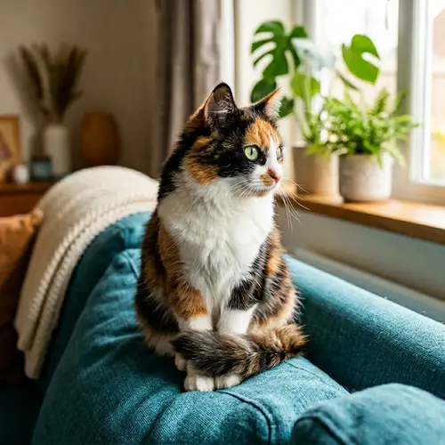 Domestic Medium-Haired Calico Cat on Teal Couch