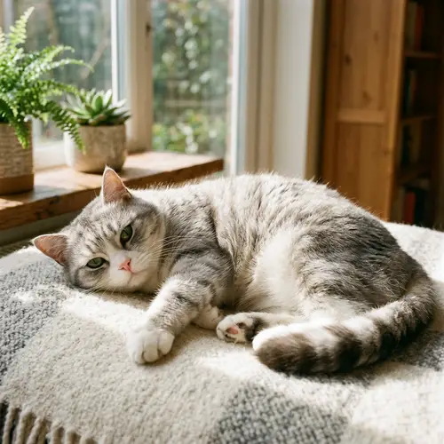 Adorable Chubby Cat in a Sunny Spot with Silvery Grey and White Fur