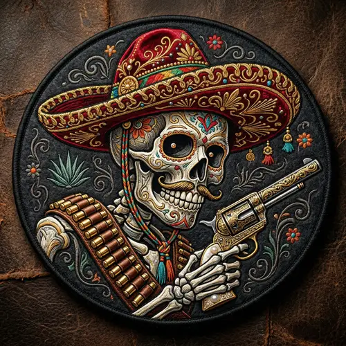 Skull Embroidery Patch with Sombrero Design