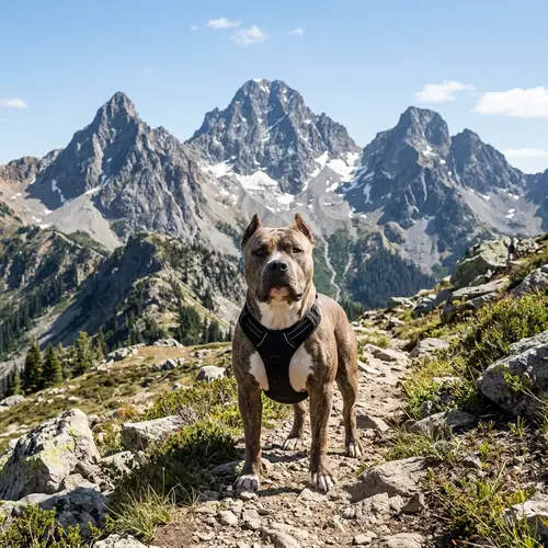 American Bully Dog Standing Tall with Majestic Mountain Range