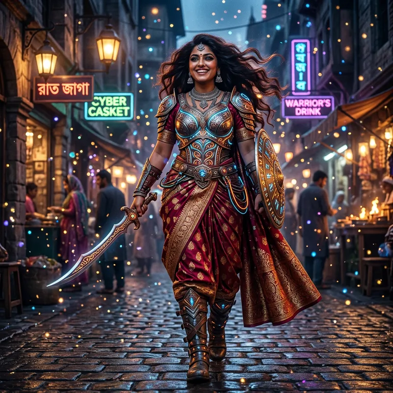 Captivating South Asian Female Warrior in Cyberpunk Saree