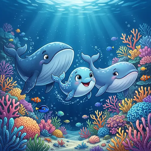 Cartoon-Style Whales Family Swimming in Deep Blue Ocean