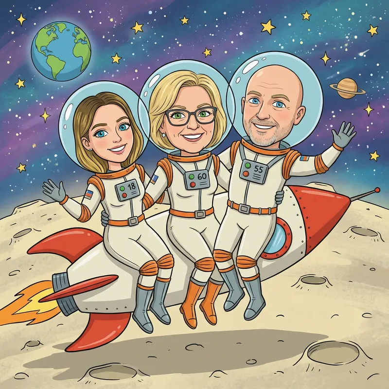 Family Trip to the Moon in Cartoon Style
