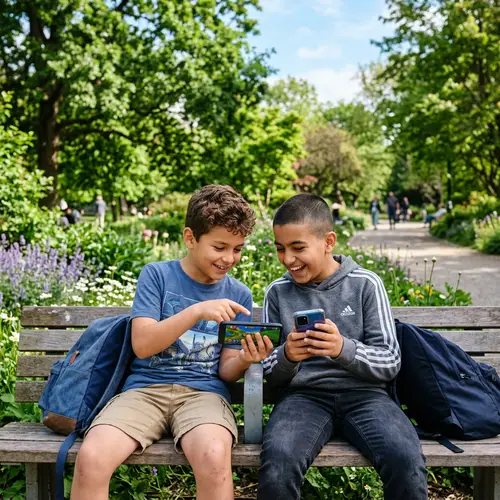 Diverse Boys Engrossed in Technology | Green Park Scene