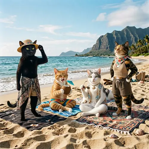 Cute Cat Girls Relaxing on Ocean Beach | Beautiful Mountain View