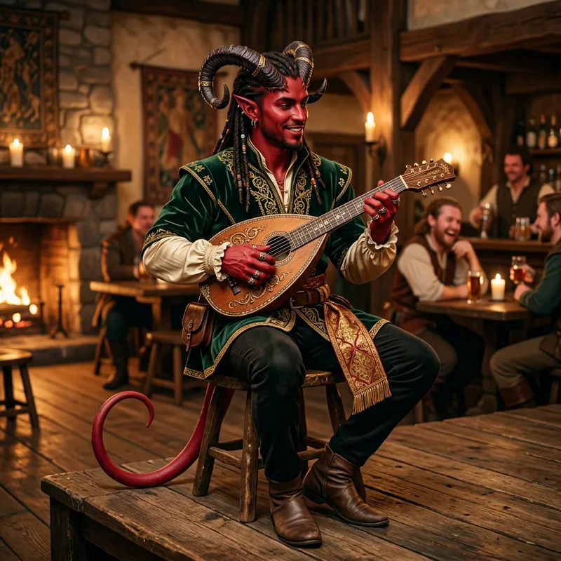 Red Tiefling Playing Lute in Fine Clothing