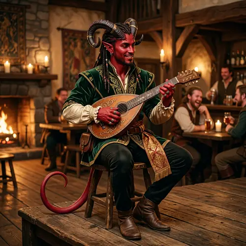 Red Tiefling Playing Lute in Fine Clothing