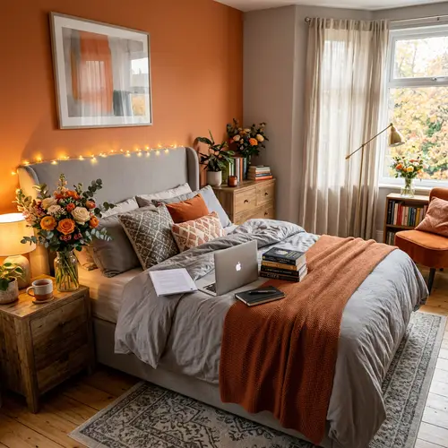 Romantic Orange and Grey Bedroom with Books, Laptop, and Flowers
