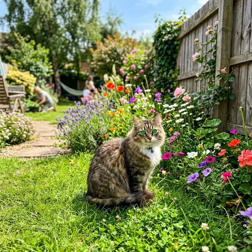 Fluffy Domestic Cat with Green Eyes in Vibrant Backyard Setting