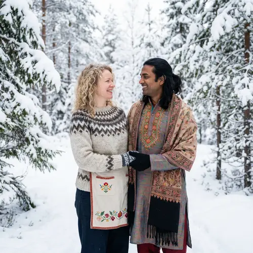 Scandinavian Girl and South Asian Man in Serene Snowscape