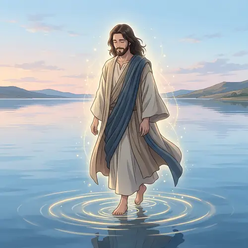 Anime Depiction of Peaceful Figure Walking on Water