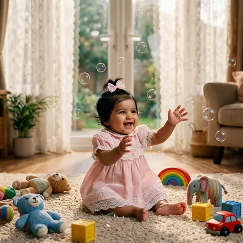 Adorable South Asian Baby Girl in Pink Dress Playing with Bubbles
