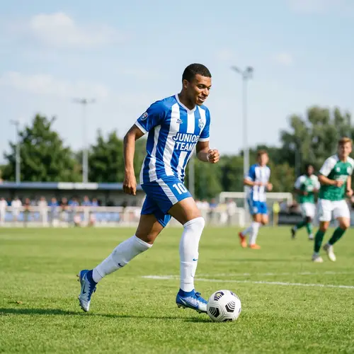 Professional Football Player in Junior Team Uniform on Grassy Field