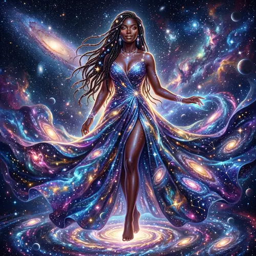 Beautiful Black Cosmic Goddess with Long Dress and Slit | Universe Symbol