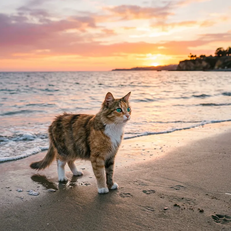 Curious Cat Gazing at the Ocean | Tranquil Sunset Scene