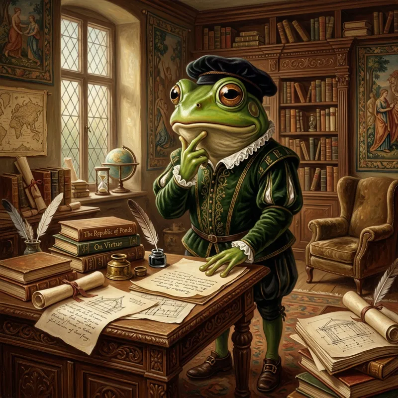 Machiavelli Frog: Green Anthropomorphic Figure in Renaissance Setting Machiavelli Frog: Green Anthropomorphic Figure in Renaissance Setting