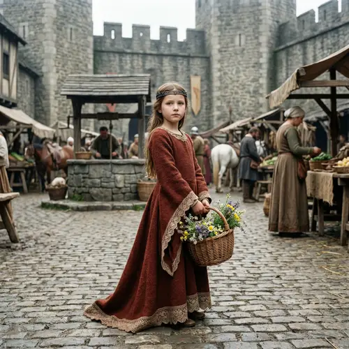 Medieval Era Girl in Wool Dress with Wildflowers | Marketplace Scene