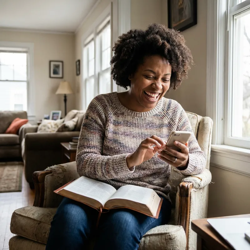 Black Woman Enjoys Bible and Laughter on Phone