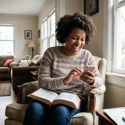 Black Woman Enjoys Bible and Laughter on Phone