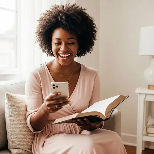 Black Woman Enjoys Bible and Laughter on Phone
