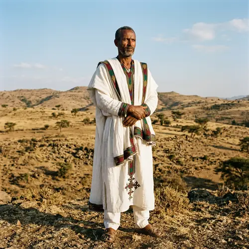Traditional Ethiopian Attire: Stern Man in Colorful Robe