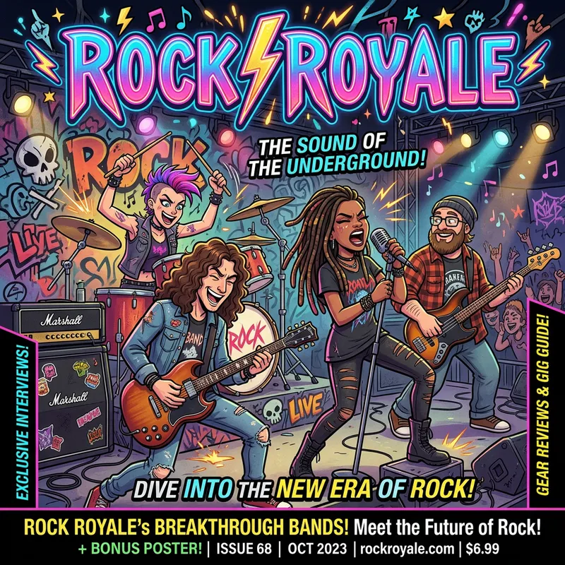 Rock Cartoon Front Page: Vibrant Cover Story with Rock Band